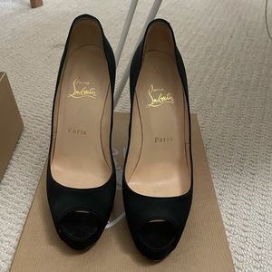 EUC black satin peep toe Louboutin. Sold with box and dust bag.